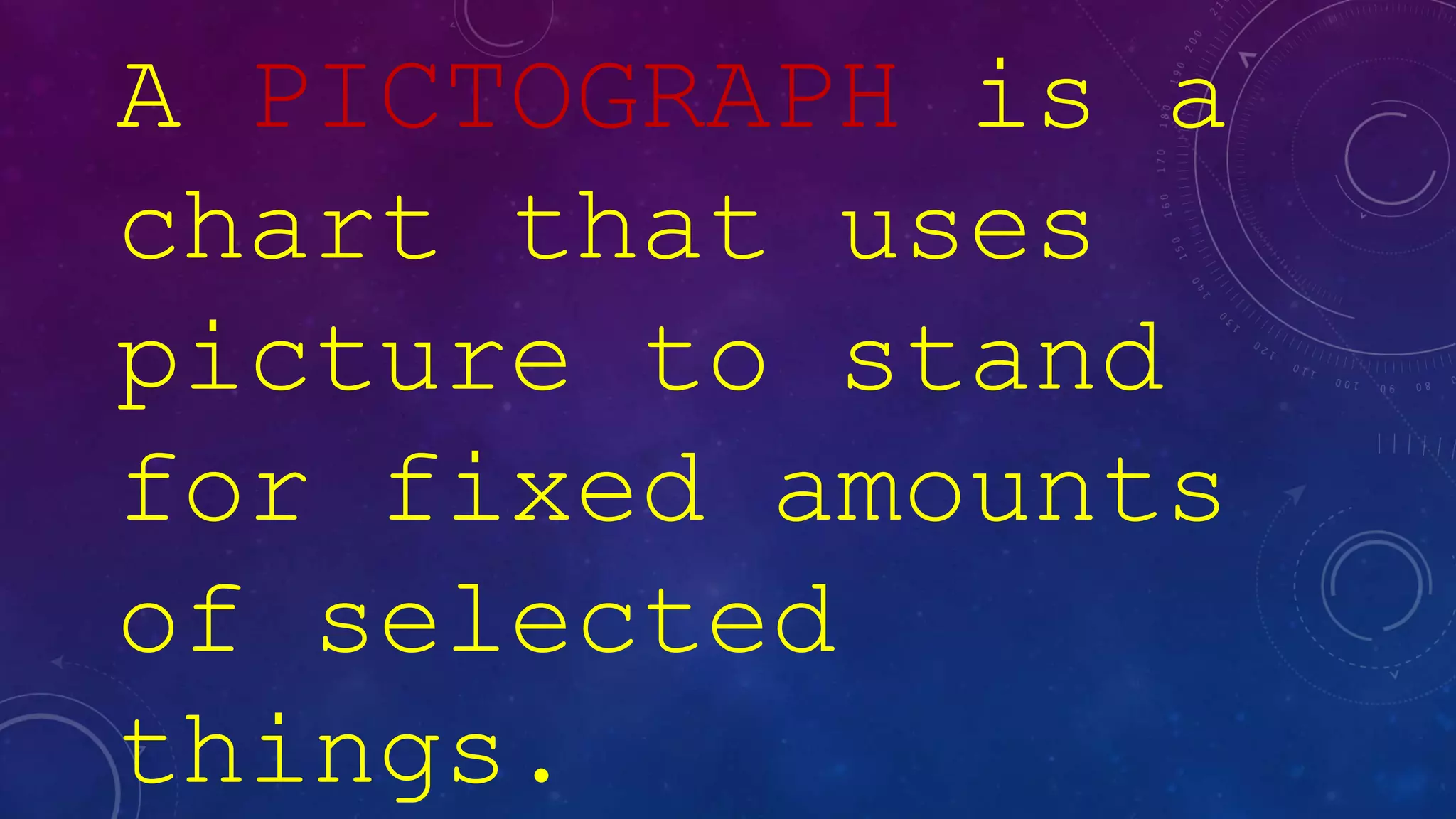 A PICTOGRAPH is a
chart that uses
picture to stand
for fixed amounts
of selected
things.