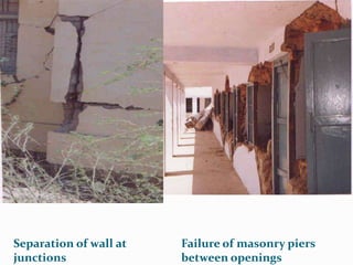 Separation of wall at
junctions
Failure of masonry piers
between openings
 