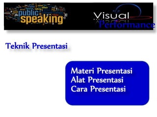 Performance
Teknik Presentasi
Materi Presentasi
Alat Presentasi
Cara Presentasi
 