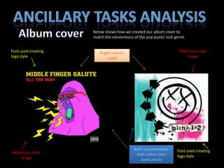 Ancillary tasks analysis Album cover Below shows how we created our album cover to match the conventions of the pop punk/ rock genre. Font used creating logo style Rebellious style image Bright colours used Both use animation style rather than band photo Font used creating logo style Rebellious style image 