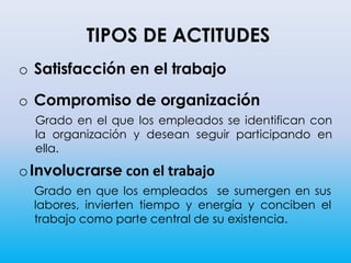 TIPOS DE ACTITUDES
o Compromiso de organización
Grado en el que los empleados se identifican con
la organización y desean seguir participando en
ella.
o Satisfacción en el trabajo
oInvolucrarse con el trabajo
Grado en que los empleados se sumergen en sus
labores, invierten tiempo y energía y conciben el
trabajo como parte central de su existencia.
 