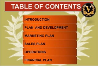 INTRODUCTION

PLAN AND DEVELOPMENT

MARKETING PLAN

SALES PLAN

OPERATIONS

FINANCIAL PLAN
 