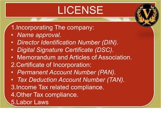 LICENSE
1.Incorporating The company:
• Name approval.
• Director Identification Number (DIN).
• Digital Signature Certificate (DSC).
• Memorandum and Articles of Association.
2.Certificate of Incorporation:
• Permanent Account Number (PAN).
• Tax Deduction Account Number (TAN).
3.Income Tax related compliance.
4.Other Tax compliance.
5.Labor Laws
 