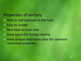 Properties of vectors:
Able to self replicate in the host
Easy to isolate
Non toxic to host cells
Have space for foreign inserts
Have unique restriction sites for common
restriction enzymes.
17
 