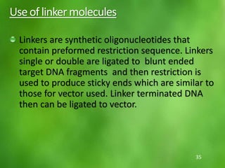 Useof linkermolecules
Linkers are synthetic oligonucleotides that
contain preformed restriction sequence. Linkers
single or double are ligated to blunt ended
target DNA fragments and then restriction is
used to produce sticky ends which are similar to
those for vector used. Linker terminated DNA
then can be ligated to vector.
35
 