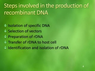 Isolation of specific DNA
Selection of vectors
Preparation of rDNA
Transfer of rDNA to host cell
Identification and isolation of rDNA
4
 