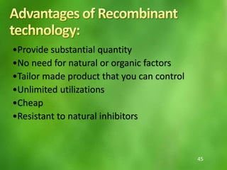 •Provide substantial quantity
•No need for natural or organic factors
•Tailor made product that you can control
•Unlimited utilizations
•Cheap
•Resistant to natural inhibitors
45
 