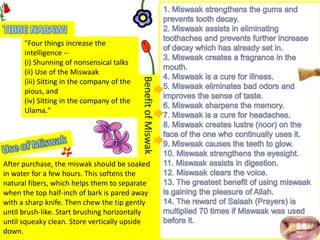 "Four things increase the
      intelligence --
      (i) Shunning of nonsensical talks
      (ii) Use of the Miswaak




                                            Benefit of Miswak
      (iii) Sitting in the company of the
      pious, and
      (iv) Sitting in the company of the
      Ulama."




After purchase, the miswak should be soaked
in water for a few hours. This softens the
natural fibers, which helps them to separate
when the top half-inch of bark is pared away
with a sharp knife. Then chew the tip gently
until brush-like. Start brushing horizontally
until squeaky clean. Store vertically upside
down.
 