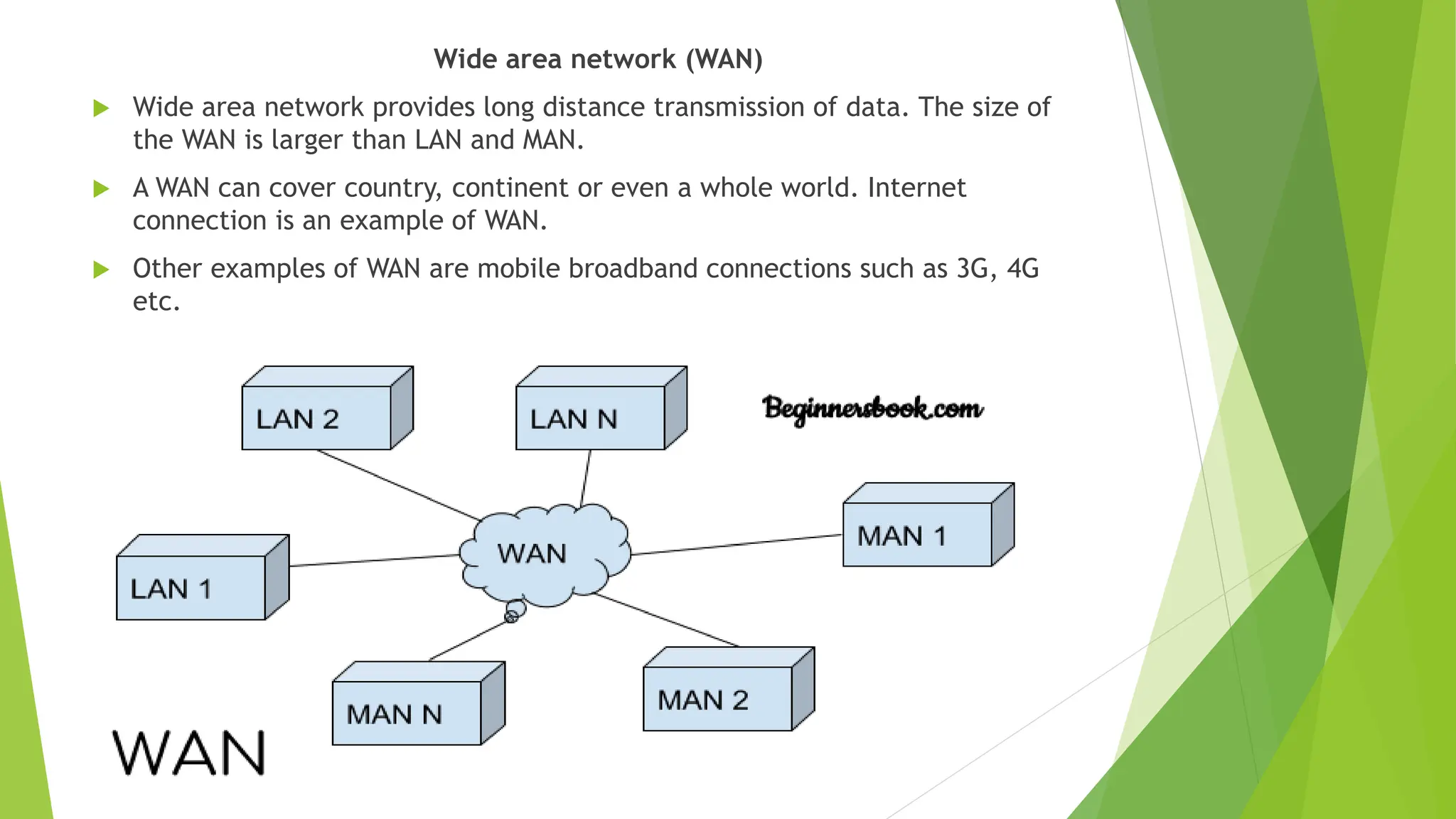 Wide area network (WAN)
 Wide area network provides long distance transmission of data. The size of
the WAN is larger than LAN and MAN.
 A WAN can cover country, continent or even a whole world. Internet
connection is an example of WAN.
 Other examples of WAN are mobile broadband connections such as 3G, 4G
etc.
 