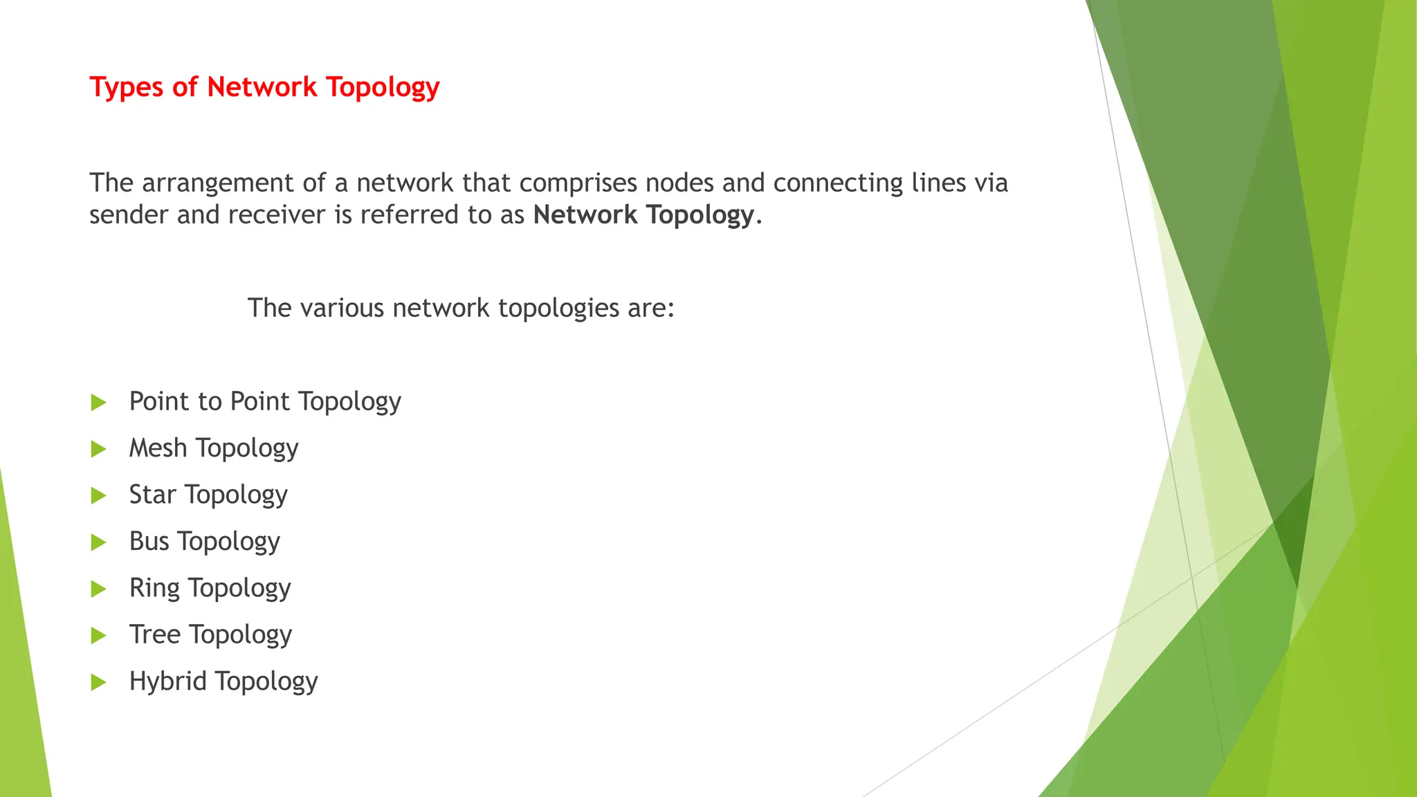 Types of Network Topology
The arrangement of a network that comprises nodes and connecting lines via
sender and receiver is referred to as Network Topology.
The various network topologies are:
 Point to Point Topology
 Mesh Topology
 Star Topology
 Bus Topology
 Ring Topology
 Tree Topology
 Hybrid Topology
 