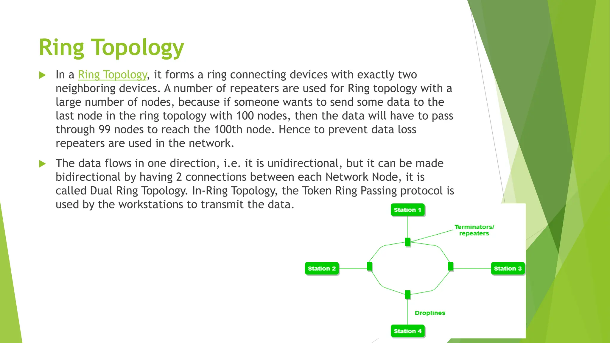 Ring Topology
 In a Ring Topology, it forms a ring connecting devices with exactly two
neighboring devices. A number of repeaters are used for Ring topology with a
large number of nodes, because if someone wants to send some data to the
last node in the ring topology with 100 nodes, then the data will have to pass
through 99 nodes to reach the 100th node. Hence to prevent data loss
repeaters are used in the network.
 The data flows in one direction, i.e. it is unidirectional, but it can be made
bidirectional by having 2 connections between each Network Node, it is
called Dual Ring Topology. In-Ring Topology, the Token Ring Passing protocol is
used by the workstations to transmit the data.
 