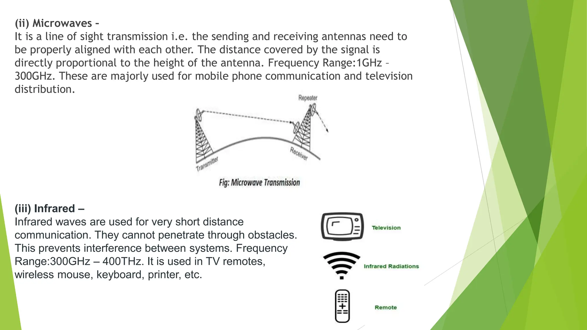 (ii) Microwaves –
It is a line of sight transmission i.e. the sending and receiving antennas need to
be properly aligned with each other. The distance covered by the signal is
directly proportional to the height of the antenna. Frequency Range:1GHz –
300GHz. These are majorly used for mobile phone communication and television
distribution.
(iii) Infrared –
Infrared waves are used for very short distance
communication. They cannot penetrate through obstacles.
This prevents interference between systems. Frequency
Range:300GHz – 400THz. It is used in TV remotes,
wireless mouse, keyboard, printer, etc.
 