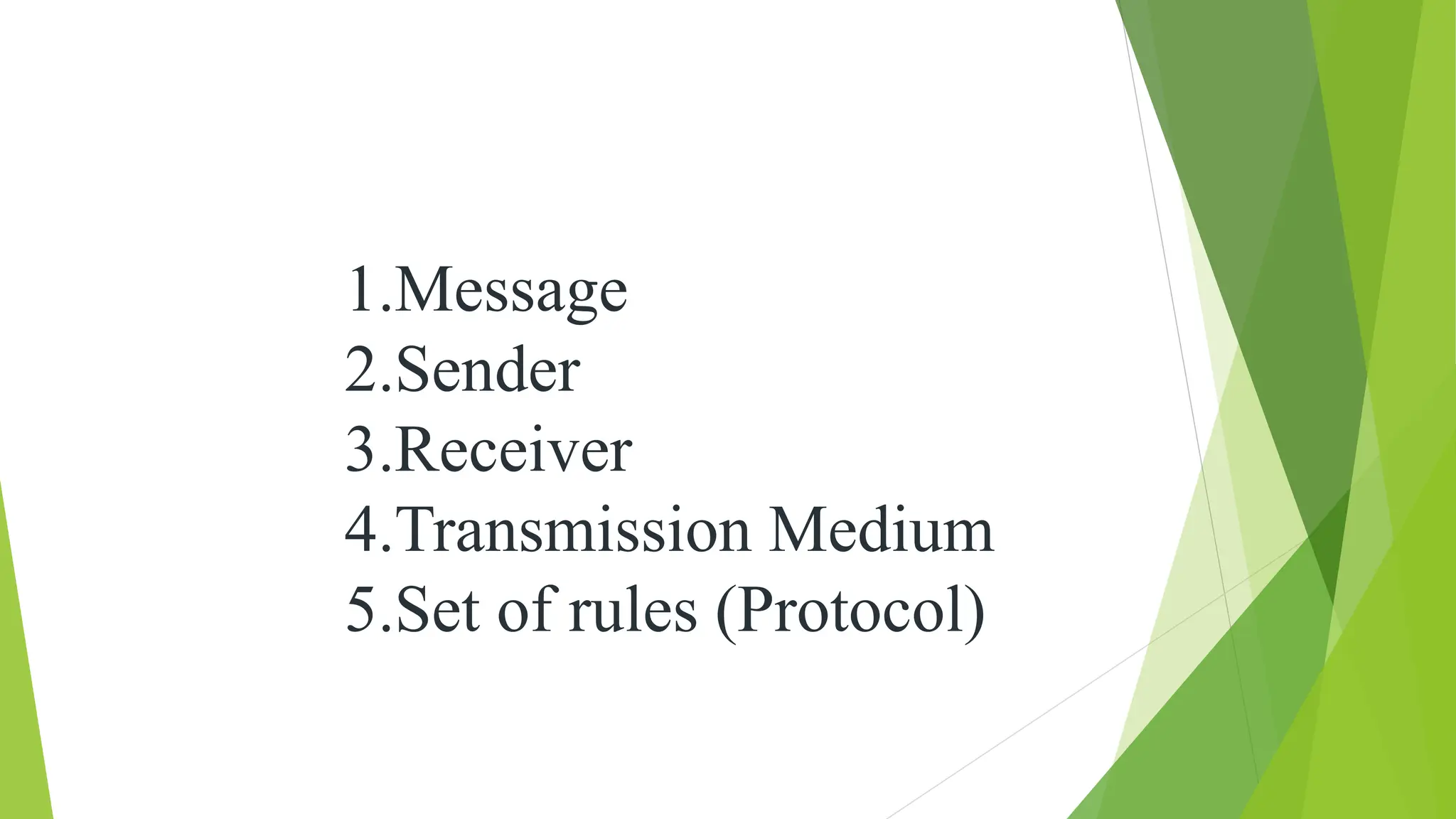 1.Message
2.Sender
3.Receiver
4.Transmission Medium
5.Set of rules (Protocol)
 
