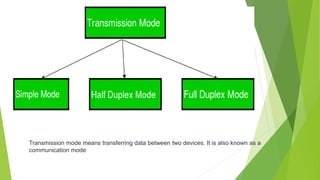 Transmission mode means transferring data between two devices. It is also known as a
communication mode
 