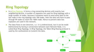 Ring Topology
 In a Ring Topology, it forms a ring connecting devices with exactly two
neighboring devices. A number of repeaters are used for Ring topology with a
large number of nodes, because if someone wants to send some data to the
last node in the ring topology with 100 nodes, then the data will have to pass
through 99 nodes to reach the 100th node. Hence to prevent data loss
repeaters are used in the network.
 The data flows in one direction, i.e. it is unidirectional, but it can be made
bidirectional by having 2 connections between each Network Node, it is
called Dual Ring Topology. In-Ring Topology, the Token Ring Passing protocol is
used by the workstations to transmit the data.
 