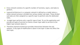  Every network consists of a specific number of functions, layers, and tasks to
perform.
 Layered Architecture in a computer network is defined as a model where a
whole network process is divided into various smaller sub-tasks. These divided
sub-tasks are then assigned to a specific layer to perform only the dedicated
tasks.
 A single layer performs only s specific type of task. To run the application and
provide all types of services to clients a lower layer adds its services to the
higher layer present above it.
 Therefore layered architecture provides interactions between the sub-
systems. If any type of modification is done in one layer it does not affect the
next layer.
 