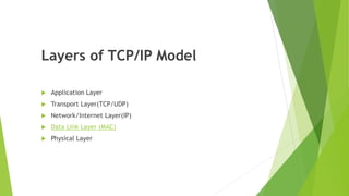 Layers of TCP/IP Model
 Application Layer
 Transport Layer(TCP/UDP)
 Network/Internet Layer(IP)
 Data Link Layer (MAC)
 Physical Layer
 