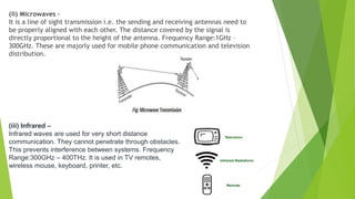 (ii) Microwaves –
It is a line of sight transmission i.e. the sending and receiving antennas need to
be properly aligned with each other. The distance covered by the signal is
directly proportional to the height of the antenna. Frequency Range:1GHz –
300GHz. These are majorly used for mobile phone communication and television
distribution.
(iii) Infrared –
Infrared waves are used for very short distance
communication. They cannot penetrate through obstacles.
This prevents interference between systems. Frequency
Range:300GHz – 400THz. It is used in TV remotes,
wireless mouse, keyboard, printer, etc.
 