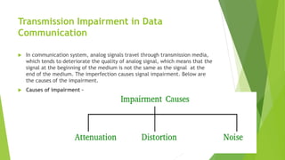 Transmission Impairment in Data
Communication
 In communication system, analog signals travel through transmission media,
which tends to deteriorate the quality of analog signal, which means that the
signal at the beginning of the medium is not the same as the signal at the
end of the medium. The imperfection causes signal impairment. Below are
the causes of the impairment.
 Causes of impairment –
 