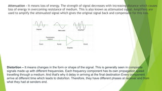 Attenuation – It means loss of energy. The strength of signal decreases with increasing distance which causes
loss of energy in overcoming resistance of medium. This is also known as attenuated signal. Amplifiers are
used to amplify the attenuated signal which gives the original signal back and compensate for this loss.
Distortion – It means changes in the form or shape of the signal. This is generally seen in composite
signals made up with different frequencies. Each frequency component has its own propagation speed
travelling through a medium. And that's why it delay in arriving at the final destination Every component
arrive at different time which leads to distortion. Therefore, they have different phases at receiver end from
what they had at senders end.
 