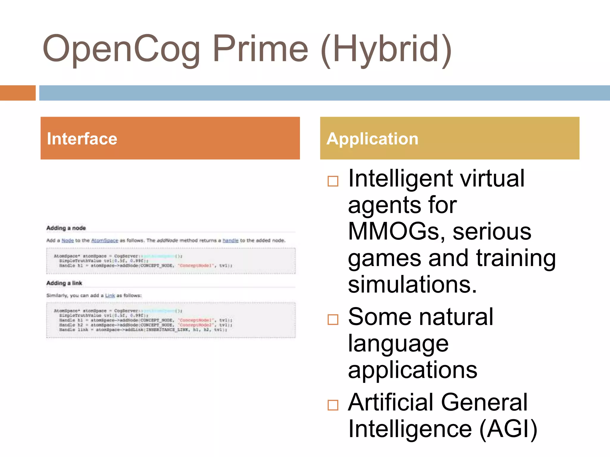 OpenCog Prime (Hybrid)Intelligent virtual agents for MMOGs, serious games and training simulations.Some natural language applicationsArtificial General Intelligence (AGI)InterfaceApplication