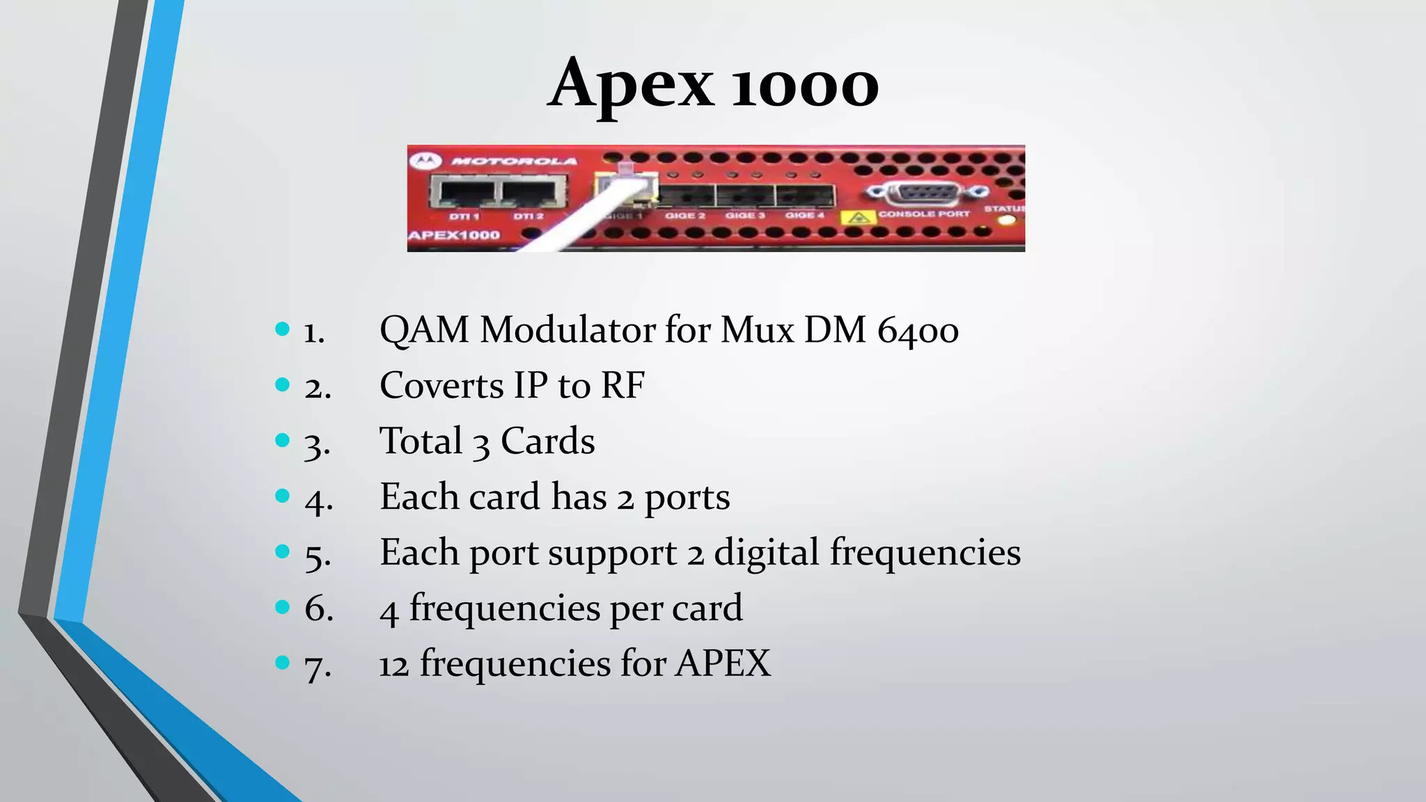  1. QAM Modulator for Mux DM 6400
 2. Coverts IP to RF
 3. Total 3 Cards
 4. Each card has 2 ports
 5. Each port support 2 digital frequencies
 6. 4 frequencies per card
 7. 12 frequencies for APEX
Apex 1000
 