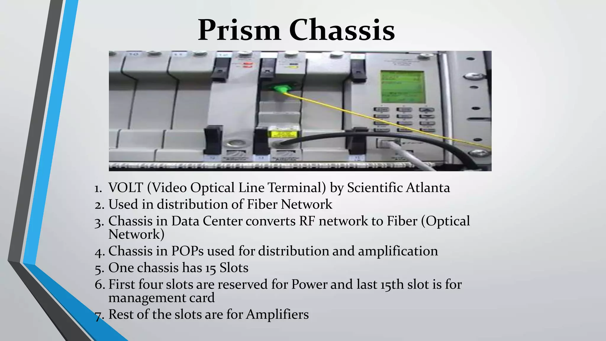 1. VOLT (Video Optical Line Terminal) by Scientific Atlanta
2. Used in distribution of Fiber Network
3. Chassis in Data Center converts RF network to Fiber (Optical
Network)
4. Chassis in POPs used for distribution and amplification
5. One chassis has 15 Slots
6. First four slots are reserved for Power and last 15th slot is for
management card
7. Rest of the slots are for Amplifiers
Prism Chassis
 