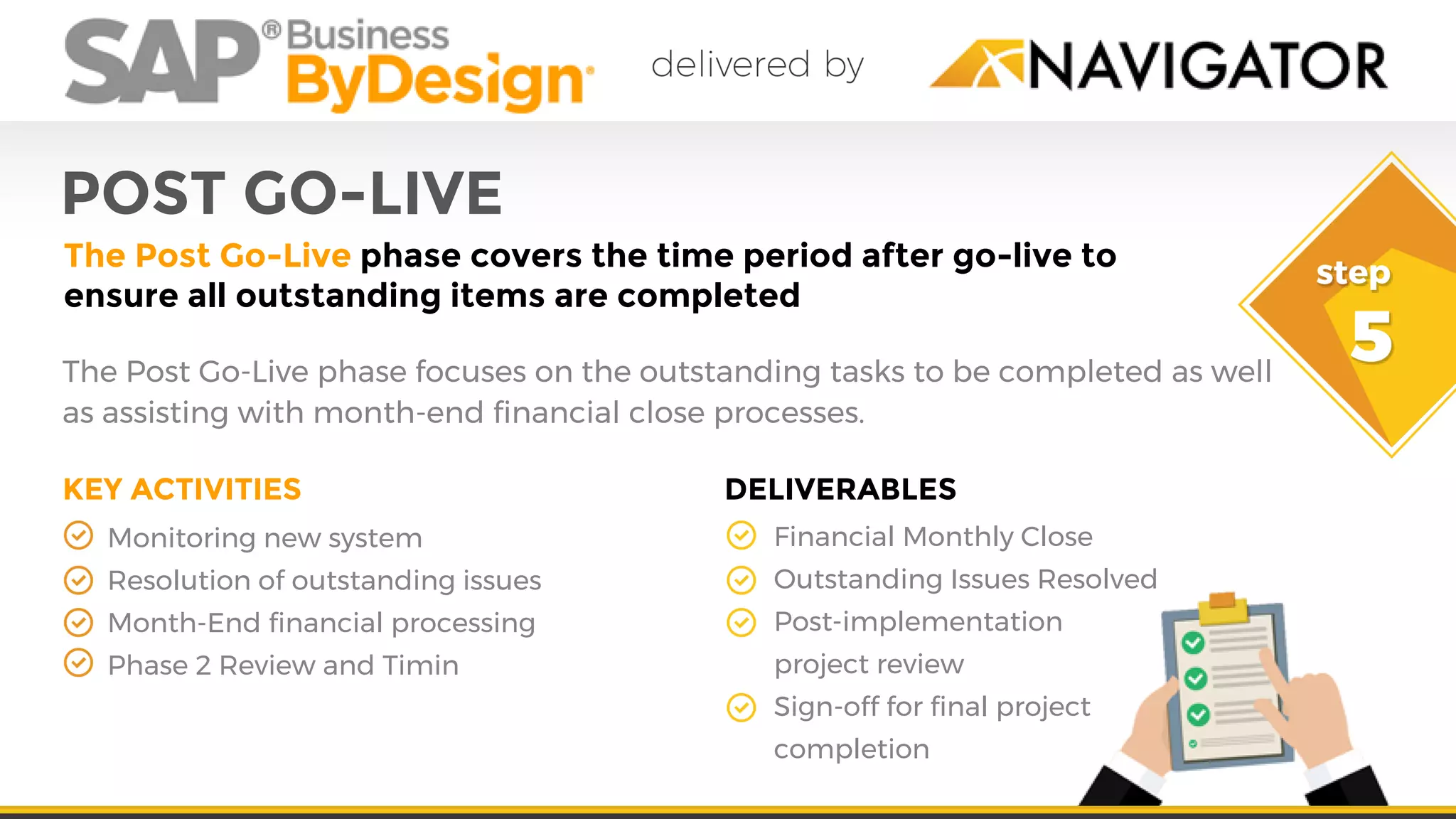 POST GO-LIVE
The Post Go-Live phase covers the time period after go-live to
ensure all outstanding items are completed
The Post Go-Live phase focuses on the outstanding tasks to be completed as well
as assisting with month-end financial close processes.
Monitoring new system
Resolution of outstanding issues
Month-End financial processing
Phase 2 Review and Timin
Financial Monthly Close
Outstanding Issues Resolved
Post-implementation
project review
Sign-off for final project
completion
KEY ACTIVITIES DELIVERABLES
 