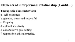 Elements of interpersonal relationship (Contd…)
Therapeutic nurse behaviors:
a. self-awareness
b. genuine, warm and respectful
c. Empathy
d. cultural sensitivity
e. collaborative goal setting
f. responsible, ethical practice.
11
 