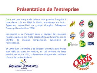 Oasis est une marque de boisson non gazeuse française à
base d’eau crée en 1966 de Volvic, aromatisée aux fruits.
Appartient aujourd’hui au groupe Orangina Schweppes
Group qui la racheté en 2006.
L’entreprise a su s’imposer dans le paysage des marques
françaises grâce à ses fruits personnifiés qui lui donnent une
identité de marque sympathique, dynamique et
humoristique.
En 2009 était la numéro 1 de boissons aux fruits sans bulles
avec 68% de parts de marche, et 145 millions de litres
vendus par an. En 2011, la boisson réalise plus de 1 millions
d’euros de chiffre d’affaire.
 