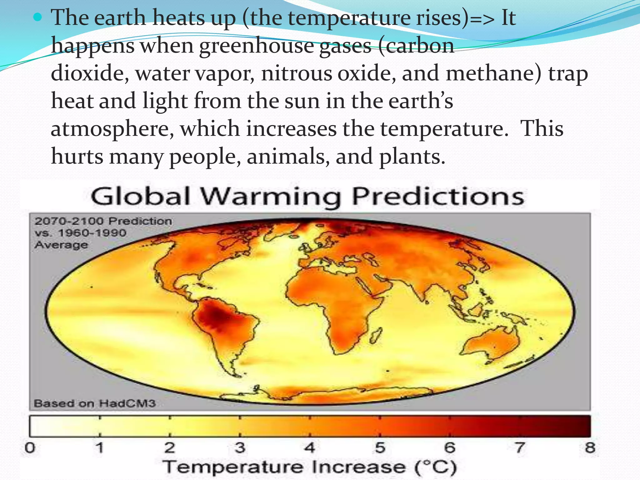 The earth heats up (the temperature rises)=> It happens when greenhouse gases (carbon dioxide, water vapor, nitrous oxide, and methane) trap heat and light from the sun in the earth’s atmosphere, which increases the temperature.  This hurts many people, animals, and plants.