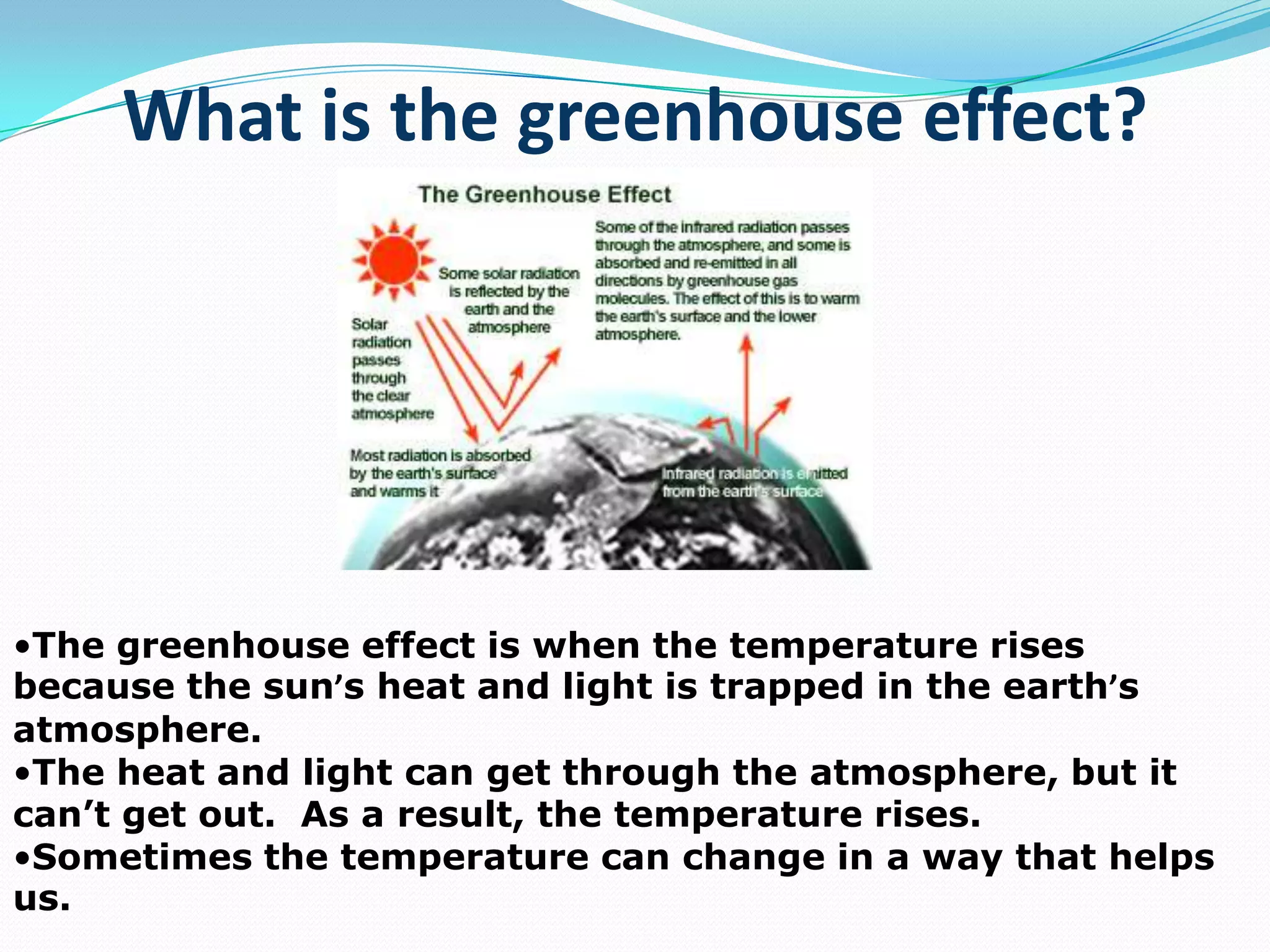 What is the greenhouse effect?The greenhouse effect is when the temperature rises because the sun’s heat and light is trapped in the earth’s atmosphere.