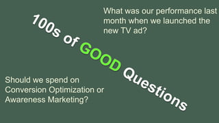 Should we spend on
Conversion Optimization or
Awareness Marketing?
What was our performance last
month when we launched the
new TV ad?
 