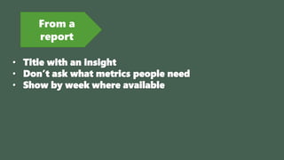 From a
report
• Title with an insight
• Don’t ask what metrics people need
• Show by week where available
 