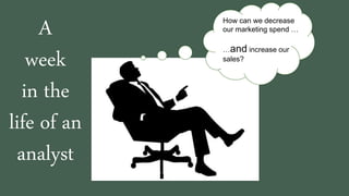 A
week
in the
life of an
analyst
How can we decrease
our marketing spend …
…and increase our
sales?
 
