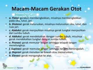 Macam-Macam Gerakan Otot
• a. Fleksi: gerakan membengkokkan, misalnya membengkokkan
pada siku, lutut, jari.
• b. Ekstensi:...