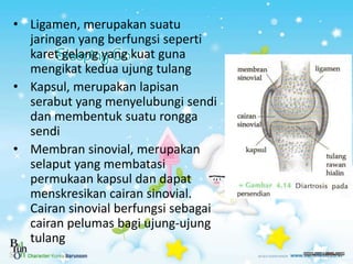 • Ligamen, merupakan suatu
jaringan yang berfungsi seperti
karet gelang yang kuat guna
mengikat kedua ujung tulang
• Kapsu...