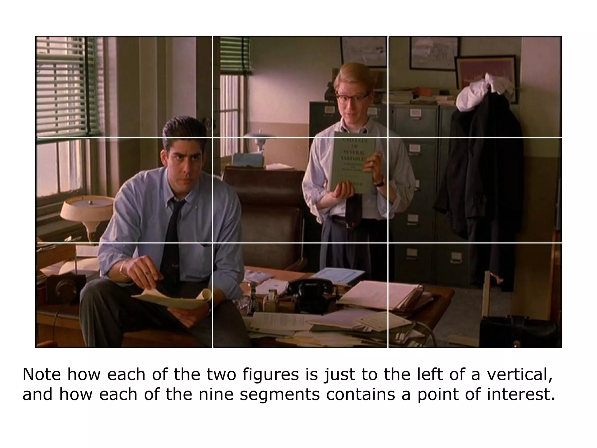 Note how each of the two figures is just to the left of a vertical,
and how each of the nine segments contains a point of interest.
 