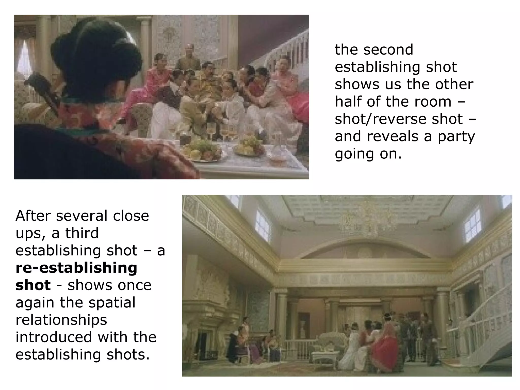 the second
establishing shot
shows us the other
half of the room –
shot/reverse shot –
and reveals a party
going on.
After several close
ups, a third
establishing shot – a
re-establishing
shot - shows once
again the spatial
relationships
introduced with the
establishing shots.
 