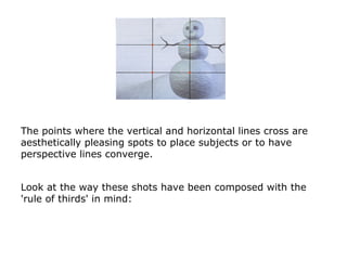 The points where the vertical and horizontal lines cross are
aesthetically pleasing spots to place subjects or to have
per...