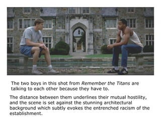 The two boys in this shot from Remember the Titans are
talking to each other because they have to.
The distance between th...