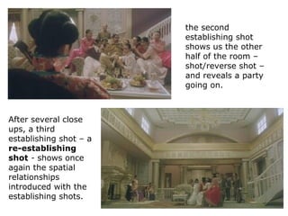 the second
establishing shot
shows us the other
half of the room –
shot/reverse shot –
and reveals a party
going on.
After...