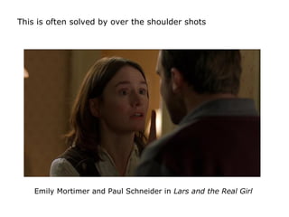 This is often solved by over the shoulder shots
Emily Mortimer and Paul Schneider in Lars and the Real Girl
 