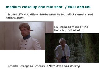 medium close up and mid shot / MCU and MS
Kenneth Branagh as Benedick in Much Ado About Nothing
MS includes more of the
bo...