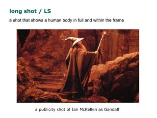 long shot / LS
a publicity shot of Ian McKellen as Gandalf
a shot that shows a human body in full and within the frame
 
