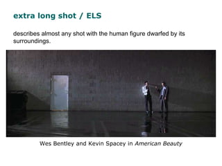 extra long shot / ELS
Wes Bentley and Kevin Spacey in American Beauty
describes almost any shot with the human figure dwar...