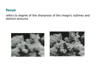 focus
refers to degree of the sharpness of the image's outlines and
distinct textures
 