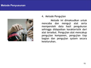 Servlets & JSPs
Metode Penyusunan



                      4. Metode Pengujian
                               Metode ini dimaksudkan untuk
                      mencoba dan menguji alat serta
                      memperoleh data hasil pengukuran
                      sehingga didapatkan karakteristik dari
                      alat tersebut. Pengujian alat mencakup
                      pengujian komponen, pengujian tiap
                      bagian dan pengujian system secara
                      keseluruhan.




                                                         15
 