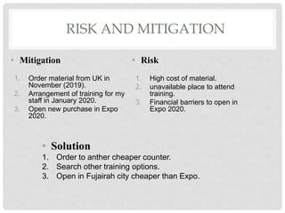 RISK AND MITIGATION
• Mitigation
1. Order material from UK in
November (2019).
2. Arrangement of training for my
staff in January 2020.
3. Open new purchase in Expo
2020.
• Risk
1. High cost of material.
2. unavailable place to attend
training.
3. Financial barriers to open in
Expo 2020.
• Solution
1. Order to anther cheaper counter.
2. Search other training options.
3. Open in Fujairah city cheaper than Expo.
 
