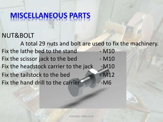 PORTABLE MINILATHE
NUT&BOLT
A total 29 nuts and bolt are used to fix the machinery.
Fix the lathe bed to the stand - M10
Fix the scissor jack to the bed - M10
Fix the headstock carrier to the jack -M10
Fix the tailstock to the bed - M12
Fix the hand drill to the carrier -M6
 